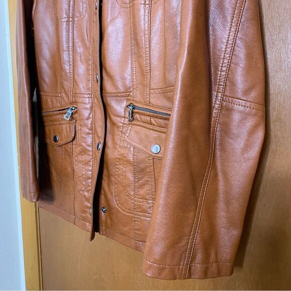 REHBRAUN Jacket Germany Faux Leather Vegan Snap Zip Petite Womens M PM Brown - Picture 9 of 14